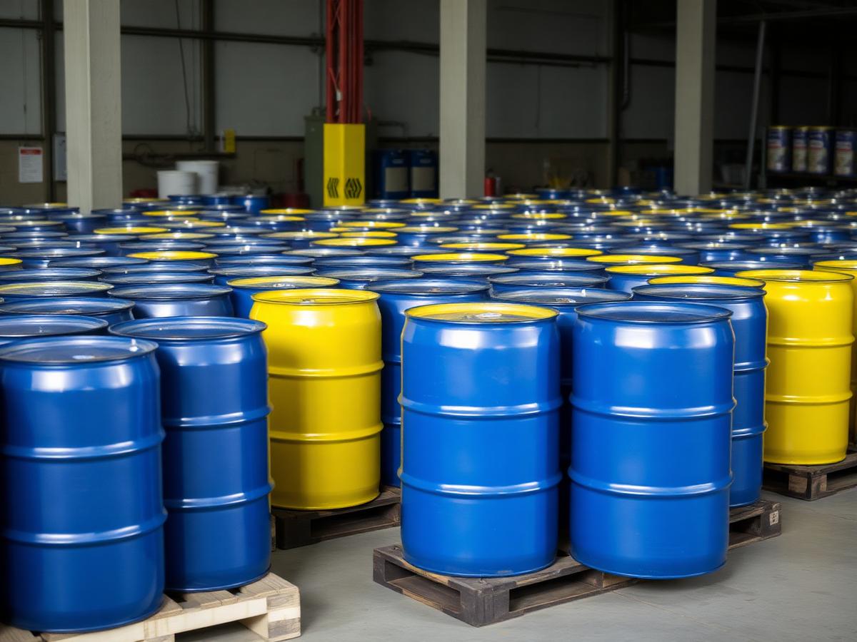 Palletized chemical drums in hazmat-compliant storage at Fulton Warehouse